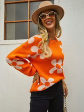 Fall Mega Daisy Floral Pullover Sweater - Orange
