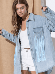 KEEP ON SHINE TASSEL EMBELLISHED DENIM SHACKET - BLUE