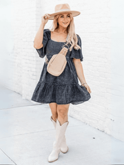 Sonesta Babydoll Denim Mini Dress - Black