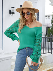NOTEPAD EMBROIDERED LACE SLEEVE KNIT SWEATER - GREEN