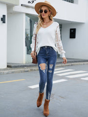 NOTEPAD EMBROIDERED LACE SLEEVE KNIT SWEATER - WHITE
