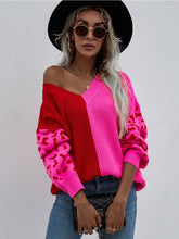 Color-Block Lantern Sleeve Sweater - Fuchisa Leopard