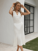 BENDITA PERFORATED KNIT COLLARED MIDI DRESS - CREAM