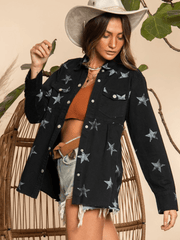 ALL ALIGNED FRAYED STAR DISTRESSED DENIM SHACKET - BLACK