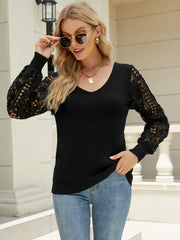 NOTEPAD EMBROIDERED LACE SLEEVE KNIT SWEATER - BLACK