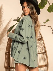 ALL ALIGNED FRAYED STAR DISTRESSED DENIM SHACKET - OLIVE