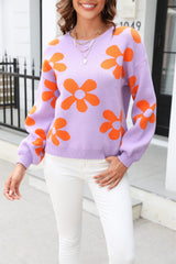 Fall Mega Daisy Floral Pullover Sweater - Purple
