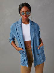Dynever Pocketed Denim Blazer - Denim Blue