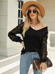 NOTEPAD EMBROIDERED LACE SLEEVE KNIT SWEATER - BLACK