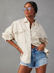 Rock Doll Frayed Denim Shacket - Beige