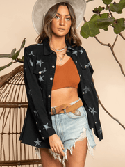 ALL ALIGNED FRAYED STAR DISTRESSED DENIM SHACKET - BLACK
