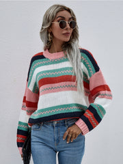 Stripe Color-Block Knit Long-Sleeve Top - Pink