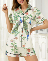 Animal Print Short-sleeved Top With Roll-down Collar Buttons and Baggy Shorts Pajamas Set
