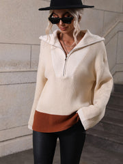 MIND AT EASE KNIT HALF ZIP PULLOVER - BEIGE