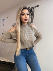 Beige Shoulder Cut-Out Knit Sweater