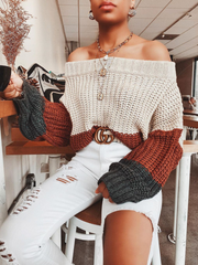 EVELINA Beige Brown Black Tri-Stripe Color Knit Pullover