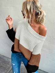 EVELINA Beige Brown Black Tri-Stripe Color Knit Pullover