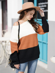 EVELINA Beige Brown Black Tri-Stripe Color Knit Pullover