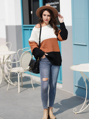 EVELINA Beige Brown Black Tri-Stripe Color Knit Pullover