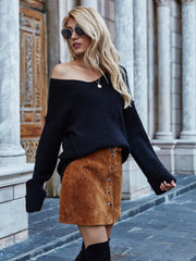 MACHE Low V-Neck Oversize Sleeve Knit Top - Black