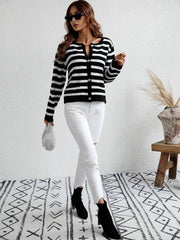 STRIPE POCKET BUTTON UP KNIT CARDIGAN - BLACK