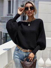 GISELE Lantern Sleeve Tighten Cuff Knit Top - Black