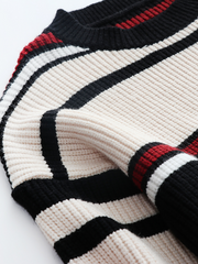 Black White Red Stripe Crew Neck Knit Top