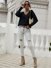 DARIUS Drop Shoulder V-neck Knit Top - Black