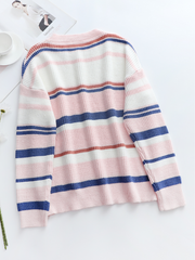 Pink Blue Orange Stripe Crew Neck Knit Top