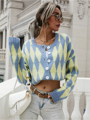 FELISE Chess Patterned Knit Cardigan - Blue