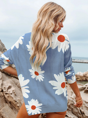 Perforated Sunflower Patterned Knit Top - Blue
