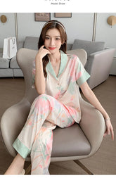 Casual Lapel Trousers Sleepwear Short Sleeve Long Loose Two -PCS Set