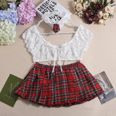 Casual Mesh See-through Lace Up Top Plaid Pleated Skirt Halter Lingerie Suit