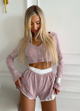 Casual Nightwear Long Sleeve Crop Top V-Neck Pajama Shorts 2 Piece Suit