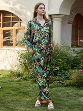 Casual Plants Printed Long Sleeves Front Button 2 Pieces Set Pajamas