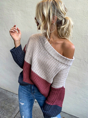 EVELINA Beige Claret Grey Tri-Stripe Color Knit Pullover