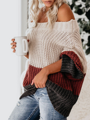 EVELINA Beige Claret Grey Tri-Stripe Color Knit Pullover