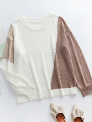 GRANIA Two Tone Color Block Knit Sweater - Cream
