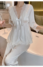 Deep V Sweet Lace Top Pants Lace Satin Home Sleepwear Set