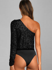 Janella Sequin One-Shoulder Bodysuit - Black