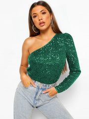 Janella Sequin One-Shoulder Bodysuit - Emerald