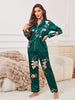 Elegant Floral Print Sleepwear & Loungewear Button Up Lapel Top Satin Pajama Set