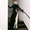 Elegant Hollow Long Sleeve Turtleneck High Slit Contrast Ribbon Maxi Dress