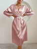 Elegant Satin Robe Belted Solid Color Silky Comfort Bathrobe Loungewear