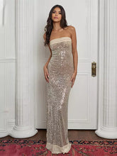 Elegant Sequin Strapless Solid Color Back Slit Long Maxi Dress