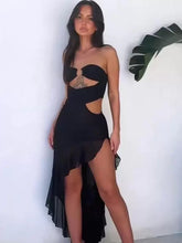Elegant Strapless Ruffles Sleeveless Polyester Backless Club Maxi Dress