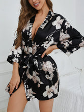 Elegant V-Neck Belted Robe Floral Print with Flowy Sleeves Silk Lounge wear
