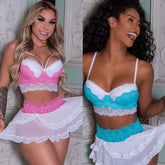 Sleeveless Lace Heart Print Crop Top Mini Skirt Suits Lingerie