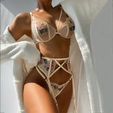 Floral Embroidery Lace Lingerie 3 Piece Set