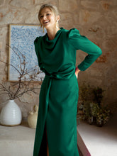Ximena Satin Long Sleeve Midi Dress - Emerald